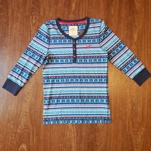 Hollister Button Down Henley 3/4 Sleeve Top Shirt Large Sleep Pajama Clovers